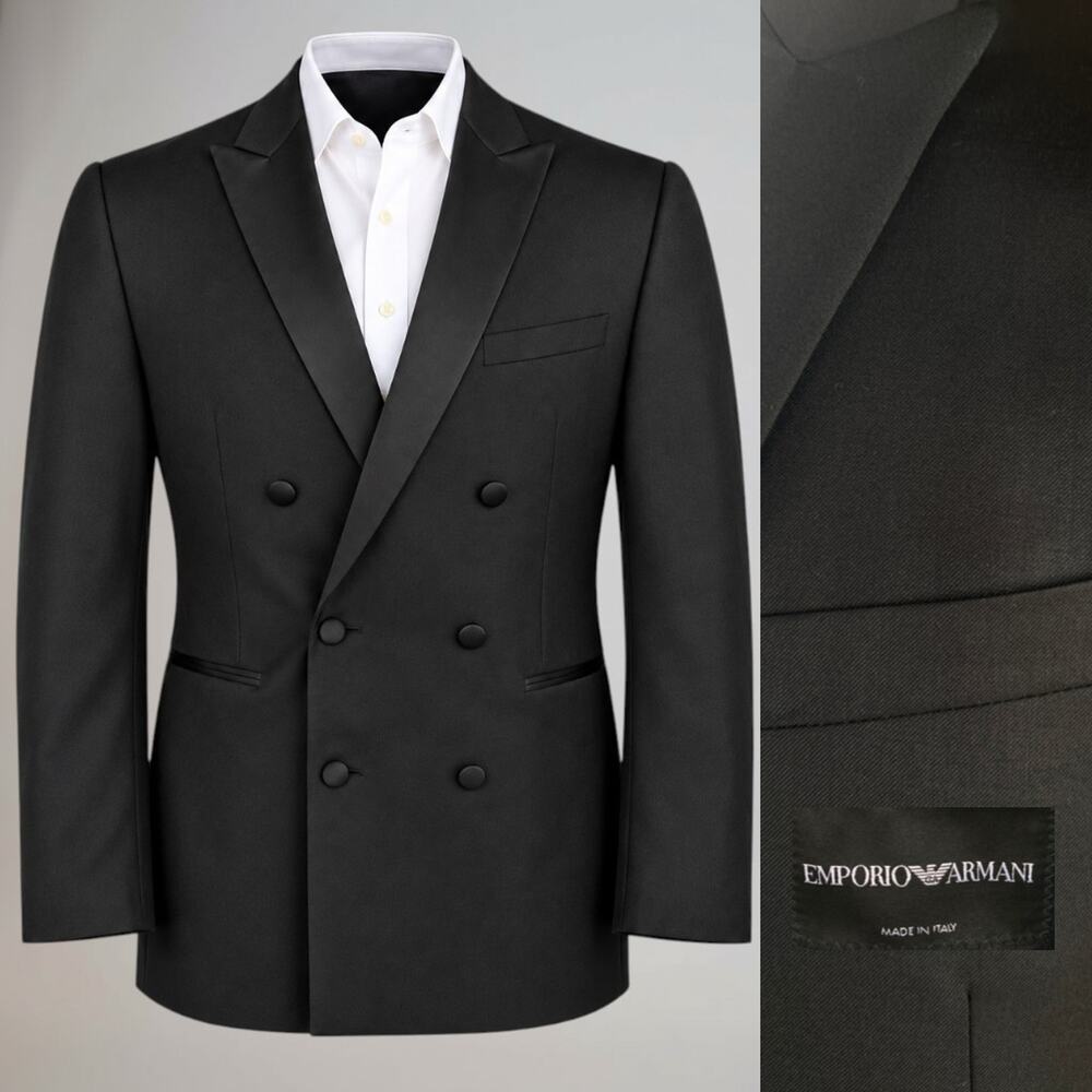 Emporio Armani Virgin Wool Tuxedo Jacket 38R Black Double Breasted Formal